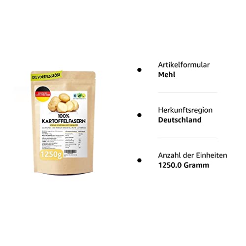 Kartoffelfasern 1250g XXL Vorteilspack Kartoffelfaser aus deutschen Kartoffeln I kontrolliert und abgefüllt in Deutschland I Kartoffelmehl Kartoffelfasermehl 1,25kg