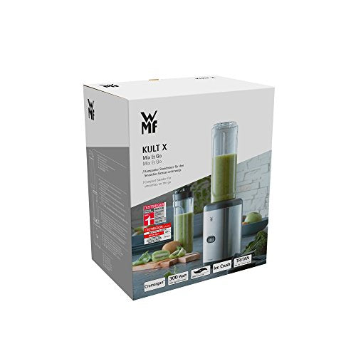 WMF Kult X Mix & Go Mini Smoothie Maker, Standmixer, Blender elektrisch, Shake Mixer 300 Watt, Tritan-Kunststoff Flasche, Silber