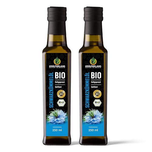 Kräuterland - Bio Schwarzkümmelöl gefiltert 2x250ml- 100% rein, schonend kaltgepresst, ägyptisch, vegan - Frischegarantie: täglich mühlenfrisch direkt vom Hersteller