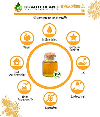 Kräuterland - Bio Schwarzkümmelöl gefiltert 2x250ml- 100% rein, schonend kaltgepresst, ägyptisch, vegan - Frischegarantie: täglich mühlenfrisch direkt vom Hersteller