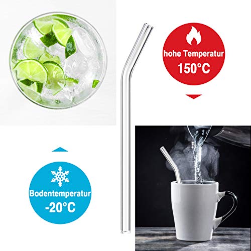 8 Stück Glasstrohhalme Glas Wiederverwendbar Trinkhalme Umweltfreundlich Trinkhalme aus Glas mit 2 Reinigungsbürsten Transparent Länge 20cm Perfekt für alle Getränke Milch (Gebogen)