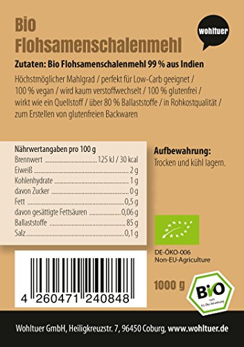 Wohltuer Bio Flohsamenschalenmehl | Flohsamenschalen fein gemahlen 99% Reinheit (1000g) | Regelmäßige laboranalytische Kontrollen | Glutenfrei & nahezu kohlenhydratfrei