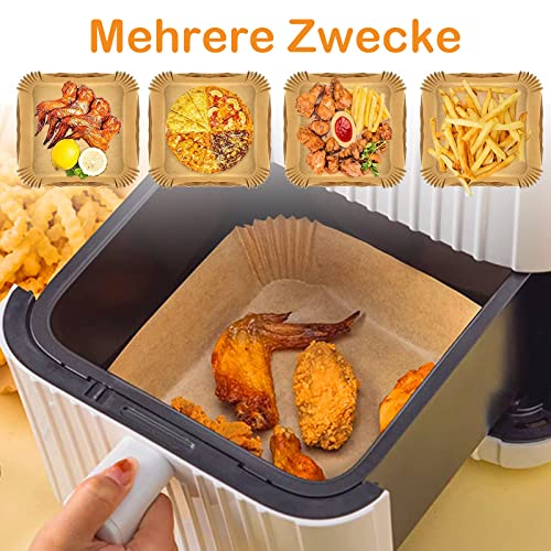 Backpapier für Heißluftfritteuse, 100 Stück 25cm Backpapier Airfryer, Wasserdicht und ölfest Antihaft Einweg Luftfritteusen Quadrat Pergamentpapier für Heißluftfritteuse, Ofen und Grill