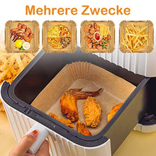 Lade das Bild in den Galerie-Viewer, Backpapier für Heißluftfritteuse, 100 Stück 25cm Backpapier Airfryer, Wasserdicht und ölfest Antihaft Einweg Luftfritteusen Quadrat Pergamentpapier für Heißluftfritteuse, Ofen und Grill
