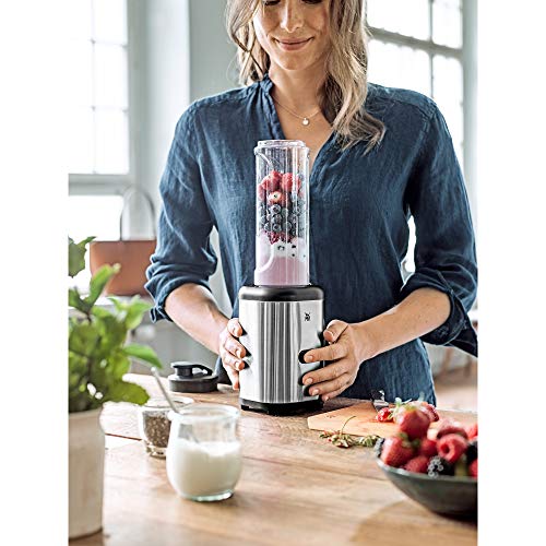 WMF Kult X Mix & Go Mini Smoothie Maker, Standmixer, Blender elektrisch, Shake Mixer 300 Watt, Tritan-Kunststoff Flasche, Silber