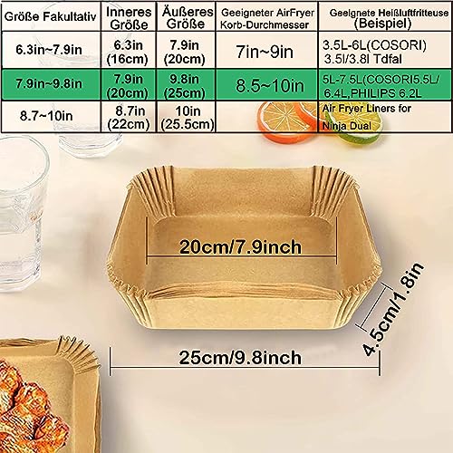 Backpapier für Heißluftfritteuse, 100 Stück 25cm Backpapier Airfryer, Wasserdicht und ölfest Antihaft Einweg Luftfritteusen Quadrat Pergamentpapier für Heißluftfritteuse, Ofen und Grill