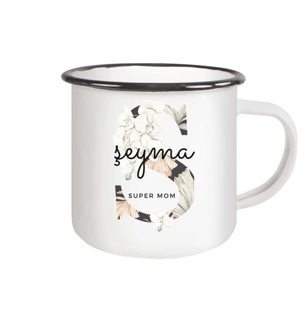 Emaille Tasse - Floral Design Monogramm Super Mom Becher