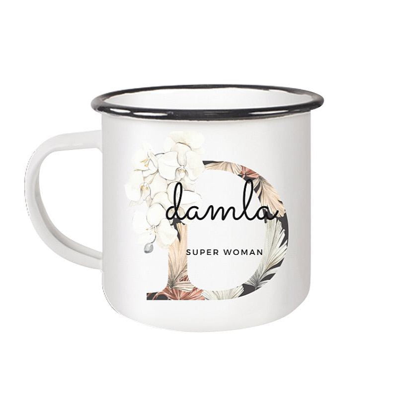 Emaille Tasse - Floral Design Monogramm Super Woman Becher